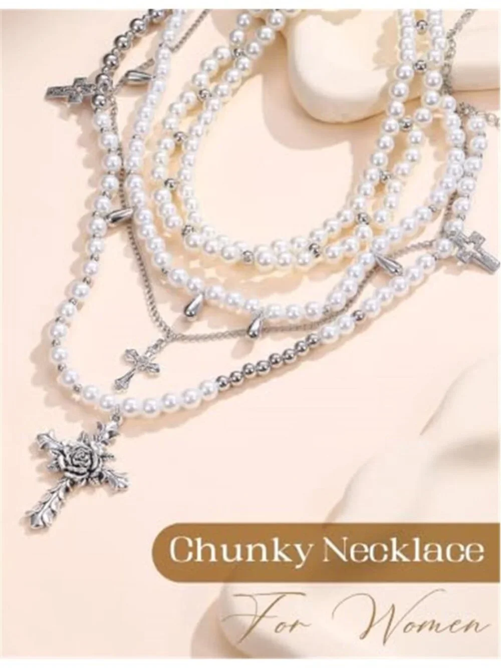 Layered Necklaces for Women Cross Pearl Chunky Stacked Necklace